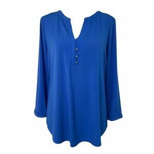 Dana Buchman Blue Blouse Lightweight Comfort Tunic Top Long Sleeve Size L Work